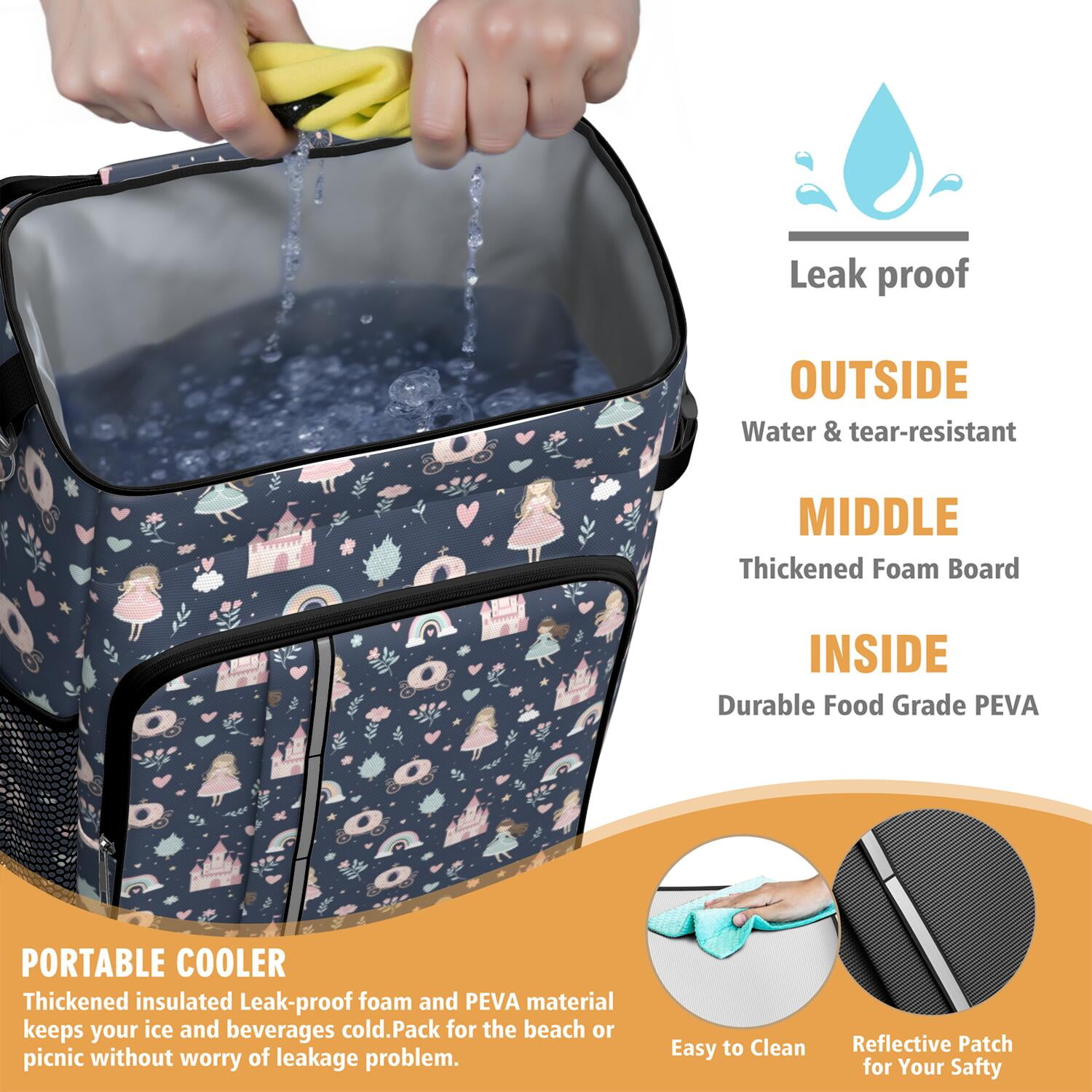 Travel Cooler Bag - Navy Princess Castle Pattern Camping Beer Cooler Backpack with Bottle Opener- Waterproof Insulated Picnic Backpacks - Cooler Bag for Beach