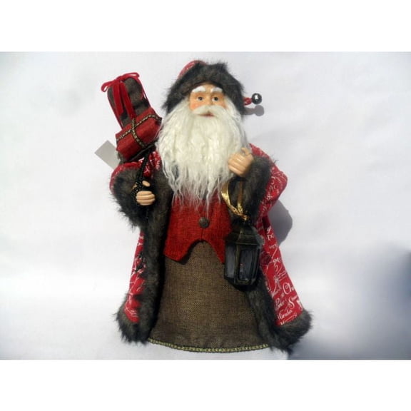 Linen Script Fabric Fur Santa Holding a Lantern Christmas Figurine