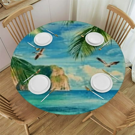

Autua Palm Trees Birds Round Tablecloth Stain-Resistant Washable Indoor Outdoor Ideal for Restaurants Parties 100% Polyester Outdoor Fitted Elastic Edge 31 -35