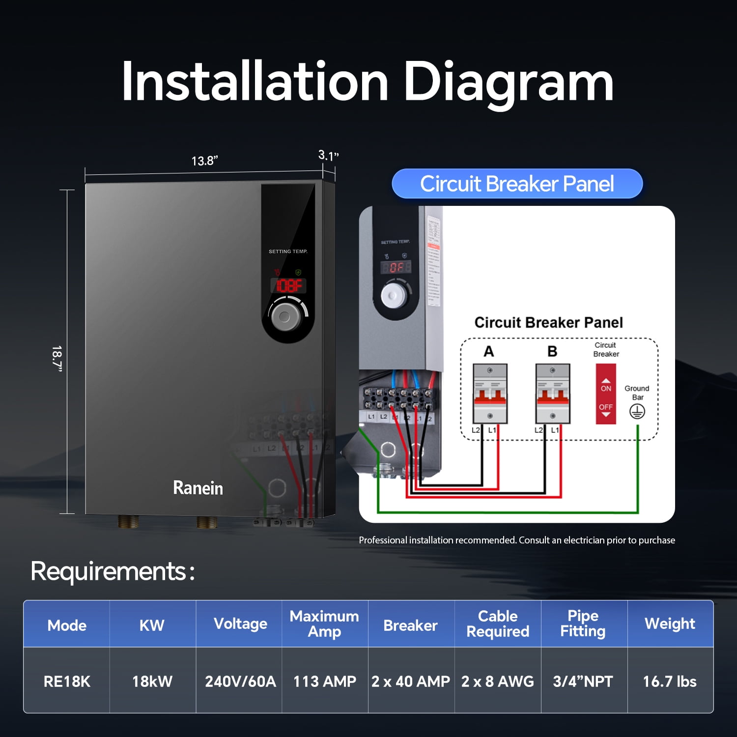 Electric Tankless Water Heater, 18kW 240V on Demand Instant Endless Water Heater with LED Temperature Display for Residential Whole House Shower, Space Saving