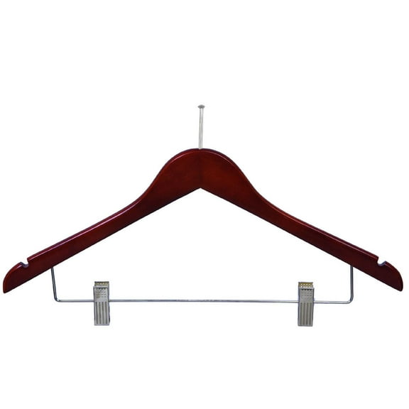 Wooden Curved Combo Hanger with Anti-Theft P-Nail Hook, Walnut Finish with Chrome Hardware, Box of 50