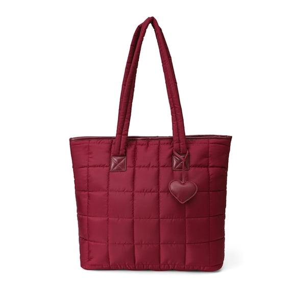 Nollia Quilted Tote Bag for Women – Lightweight Shoulder Handbag with Zipper Closure, Exterior Pocket & Heart Charm – Large Capacity for Work, Travel, Shopping, or Everyday Use
