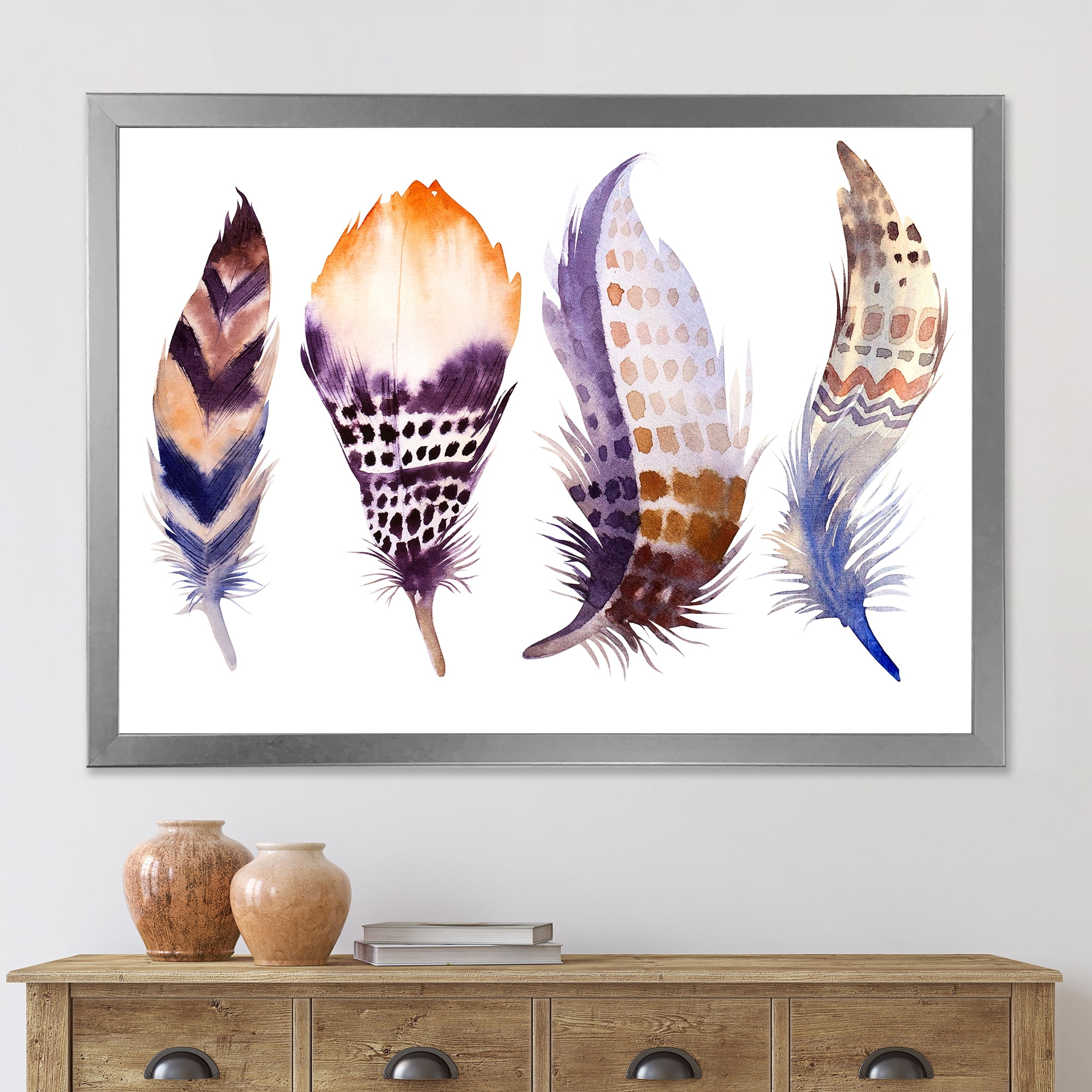 Designart 'Purple Boho Art Feathers' Bohemian & Eclectic Framed Art Print