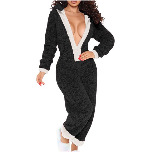 Lilgiuy Onesie for Women Pajamas Winter Costume Zipper Front Hooded Lounge Jumpsuit Comfortable Pajamas for Daily Wear