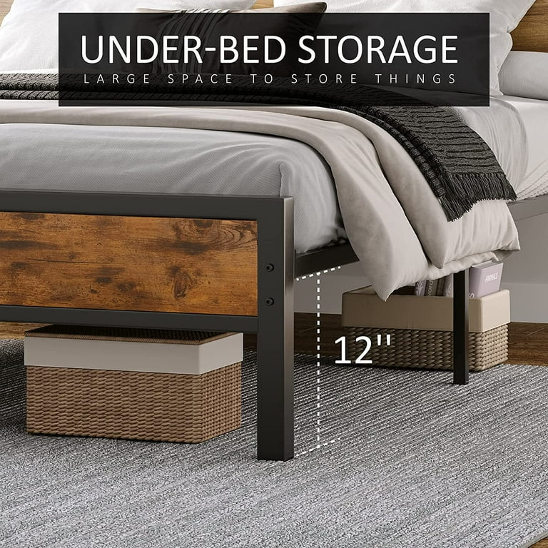 AMERLIFE Full Size Bed Frame Industrial Platform Bed with Charging Station 2 Tier Storage Headboard No Box Spring Needed Noise Free Dark Brown