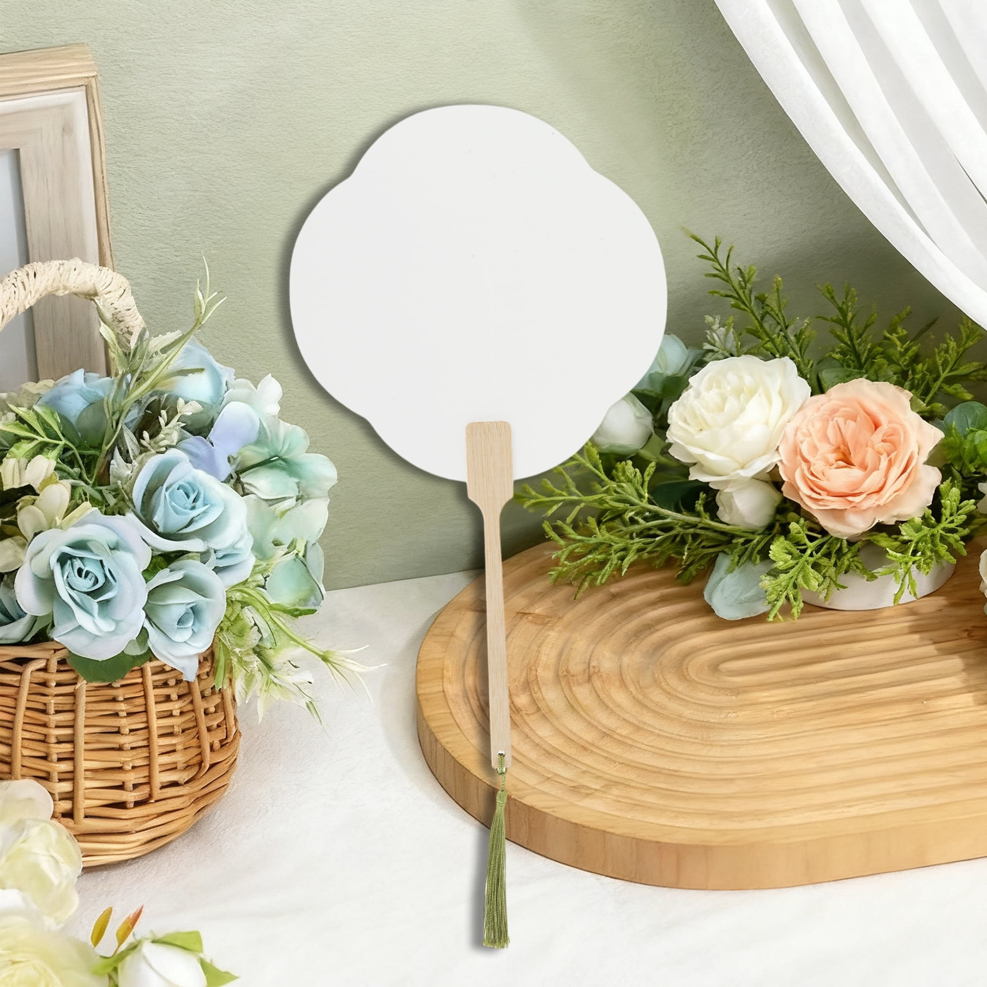 Unique Bargains Folding Fan 1 Pc White Long Handle Round Four-Petal