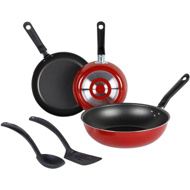 bateria 5 pzas wok color rojo marca ecko ekco 643//65 Batería Deleite juego de cocina rojo con sartenes 20 y 24 cm y wok 28 cm, volteador ranurado y cuchara lisa; aluminio 100% con recubrimiento antiadherente Duraflon, con mangos negros y base reflectante; ideal para preparar porciones familiares.