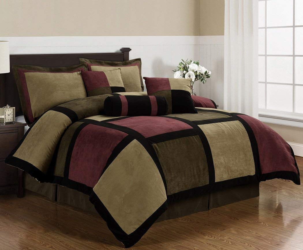 Blue Green 7pc Medallion Quilted Patchwork Comforter Set Brown 