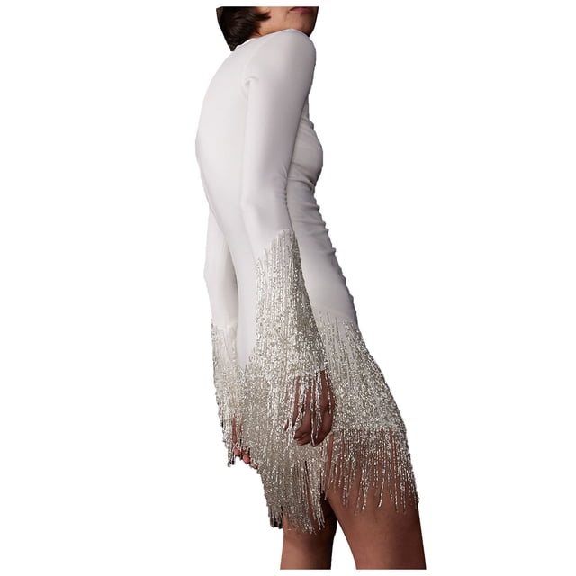 Robe Moulante Aguichant à Manches Longues pour Femme, à Franges, Col Ras du Cou, Unie, Froncée, avec Franges, Boîte de Nuit, Cocktail, Mini Robes