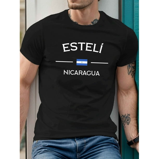 Camiseta con estampado Estelí de Nicaragua para hombre, informal, de manga corta y cuello redondo, de poliéster tejido de verano con estampado geométrico, corte regular.