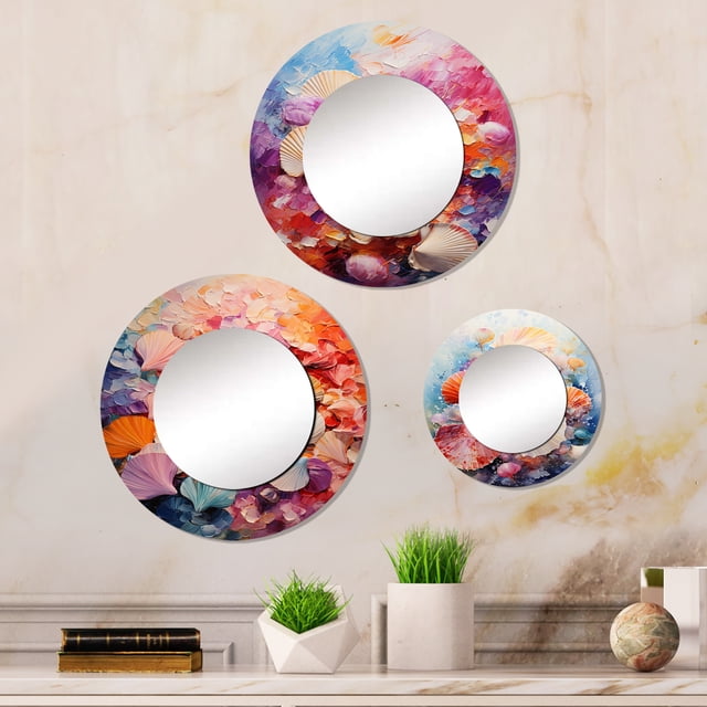 Designart "Coastal Shell Splendor" Seashell Round Mirror Set Of 3 - Farmhouse multicolor Round Office Wall Mounted Mirror Set