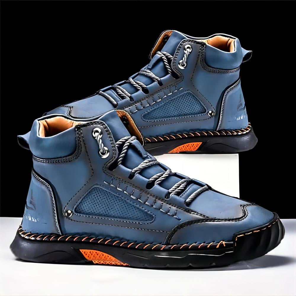 Men's Casual Leather Boots Handmade Lightweight Breathable Anti-slip Impact-resistant Sneakers Chukka Hiking Loafers Shoes Blue 10.5 US