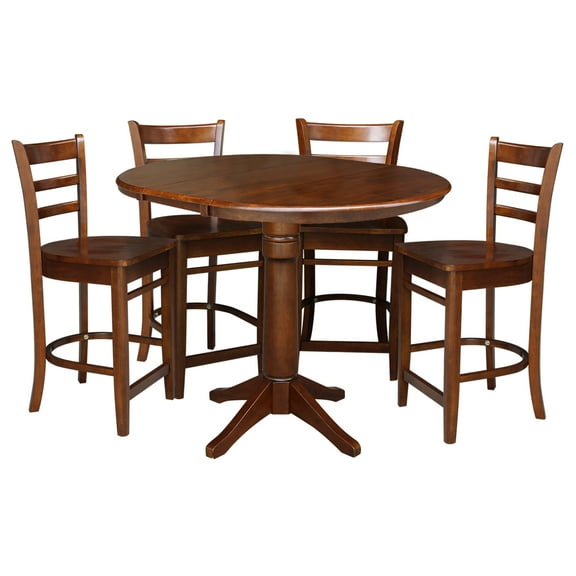 36" Round Solid Wood Extension Dining Table with 4 Emily Counter Height Stools in Espresso by International Concepts