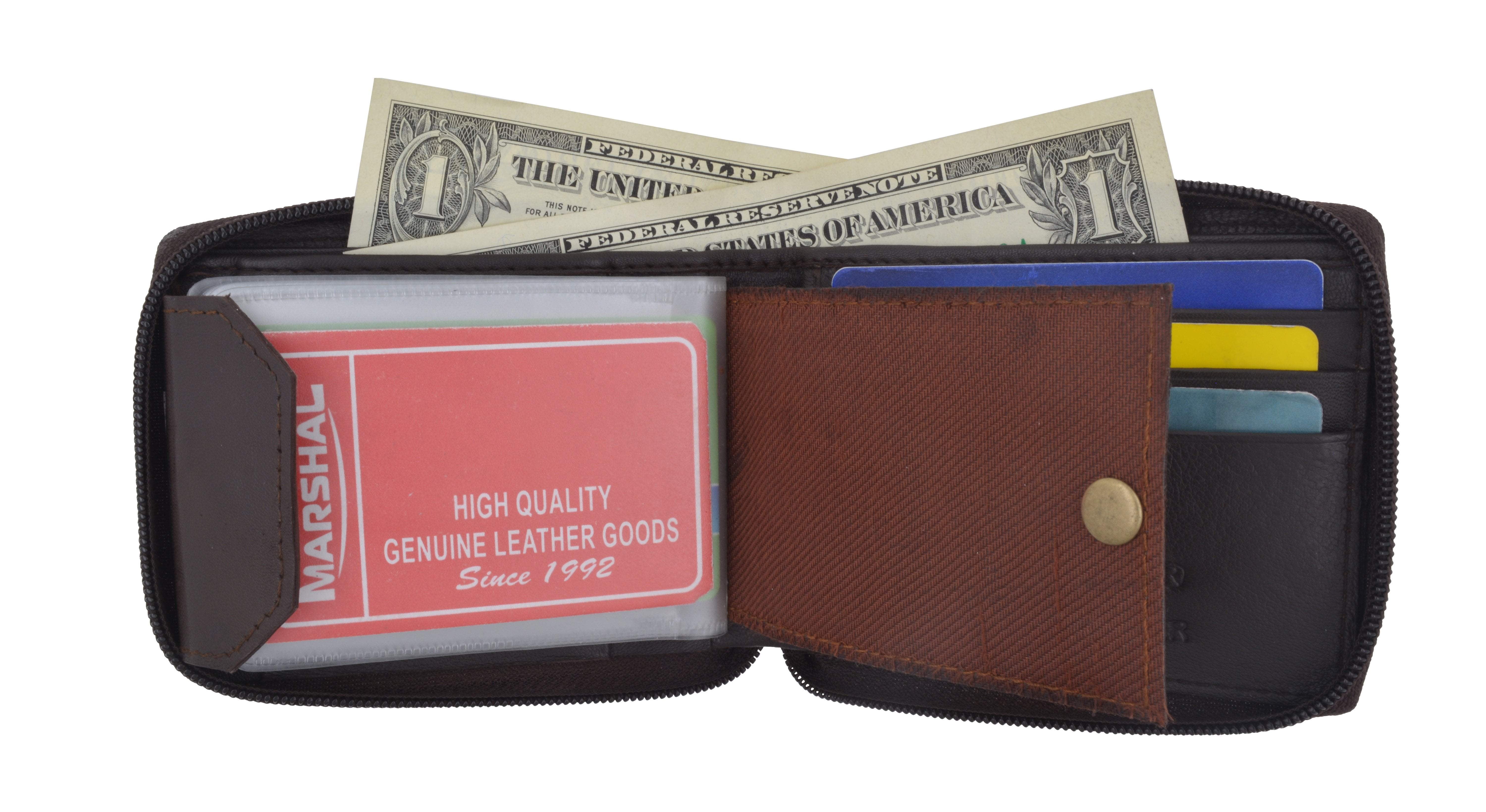 Marshal Wallet Zippered Bifold Leather Wallet W/Removable Plastic