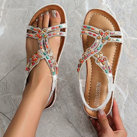 

Mishuowoti sandals for women 2023 Sandals For Women Comfort With Elastic Ankle Strap Casual Bohemian Beach Shoes Fashion Rhinestone Beads Casual Shoes Open Toe Low Heels Sandals