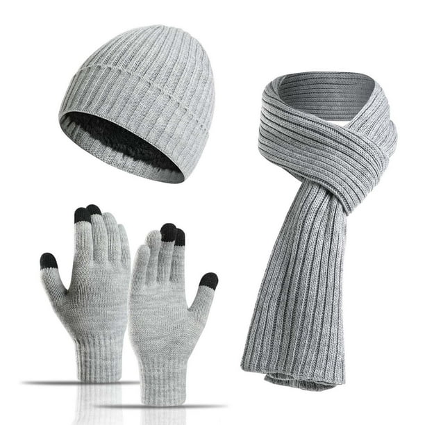 Conjunto de gorro, bufanda y guantes de punto de invierno para hombre y mujer | Traje térmico acrílico de 3 piezas con guantes para pantalla táctil | Forro polar cálido para correr, hacer senderismo