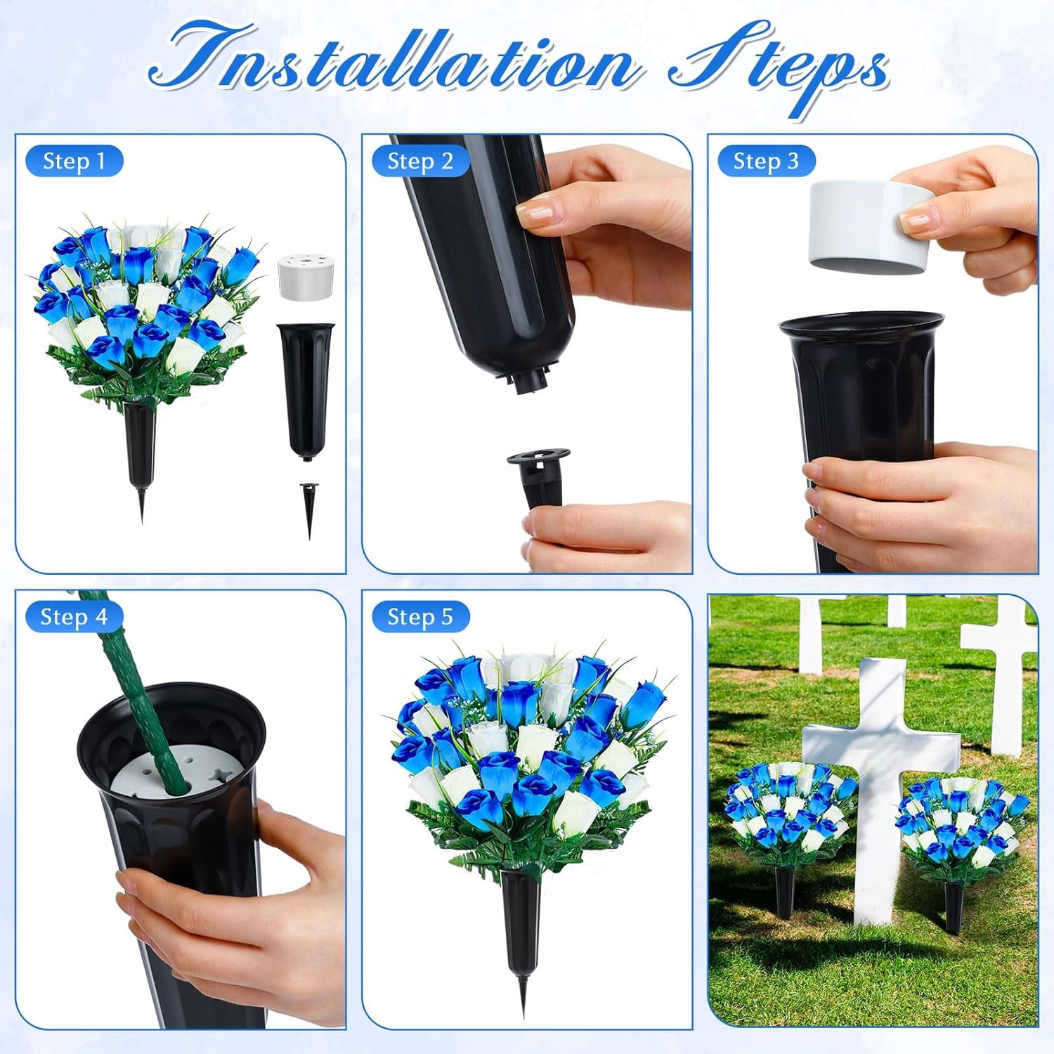 2 Pack Spring Easter Cemetery Flowers with Grave Vase 48 Heads Memorial Day Artificial Rose Fake Silk Flower Bouquet Easter Grave Flowers for Cemetery Graveside(Yellow)