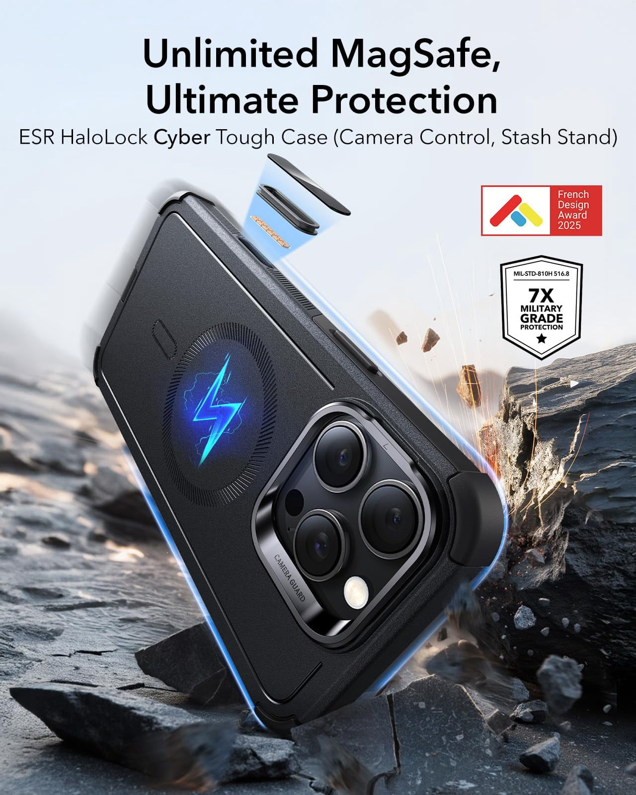 Esr For 16 Pro Case With Stash Stand  Camera Control 23ft Military-grade Shock-absorbing Drop Protection Compatible Magsafe Accessories Magnetic Cyber Series Black