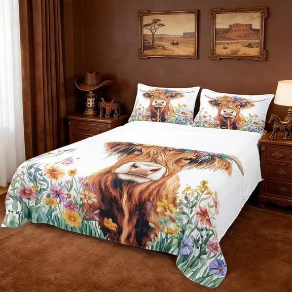 Erosebridal Cute Highland Cow Full Size Sheets,Cartoon Animal Colorful Flower Print Bed Sheets For Boys Kids 4 Pieces