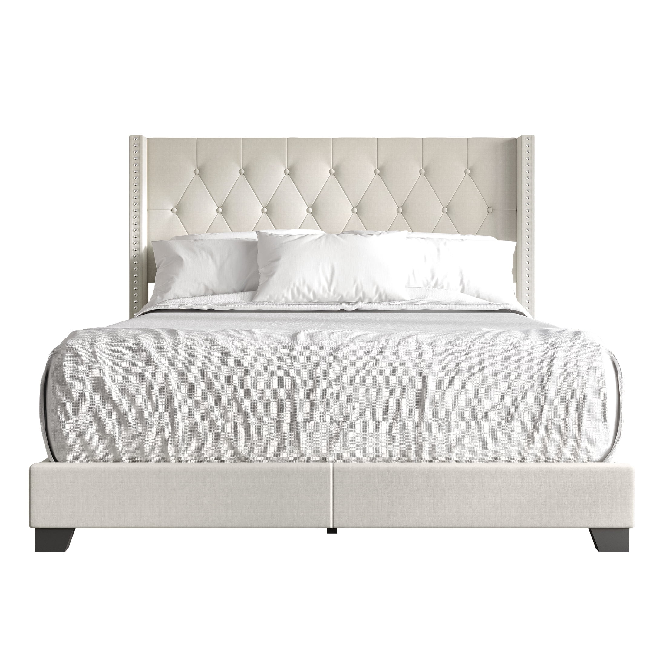 Castle Place Nailhead Trim Wingback Linen Upholstered Bed, Warm Grey , Twin