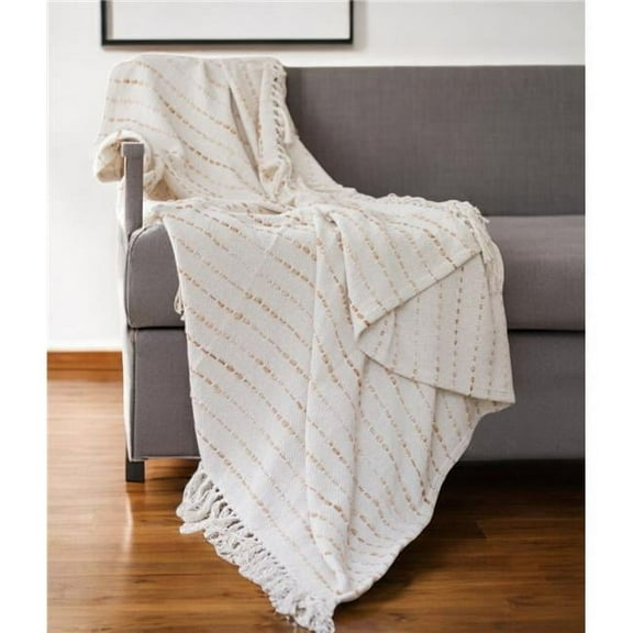 HomeRoots 548879 50 x 60 in. White & Brown Cotton Blend Woven Striped Throw Blanket with Fringe