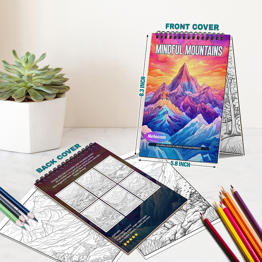 Mindful Mountains Coloring Book Spiral Bound For Adults, A5 Wooden Cover, 30 Calming Coloring Pages in Stunning Mountain Vistas for Stress Relief and Relaxation