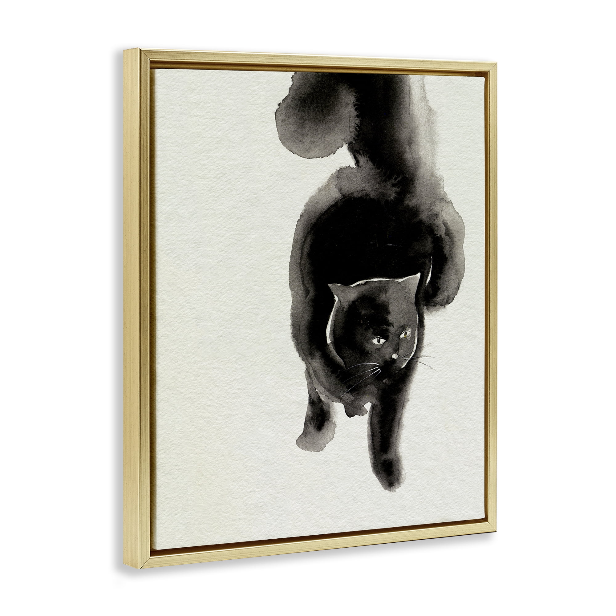 Stupell Industries Fierce Black Cat Animals Painting Gold Floater Framed Canvas Art Print Wall Art, 17 x 21