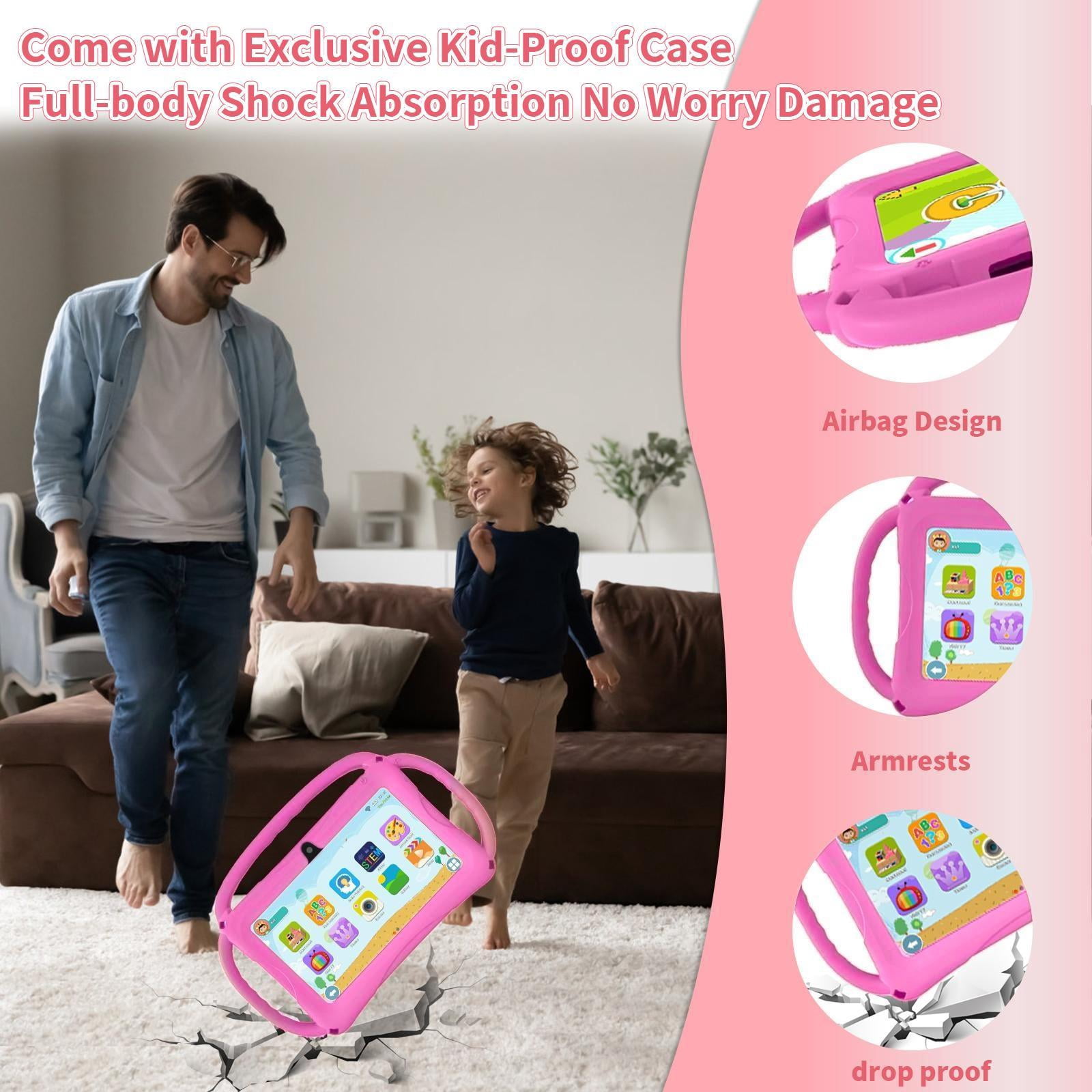 Kids Tablet 7 inch Android for Toddler, 6GB RAM 32GB ROM Bluetooth IPS Screen Parental Control Dual Camera Shockproof Case for Educational Games (pink)