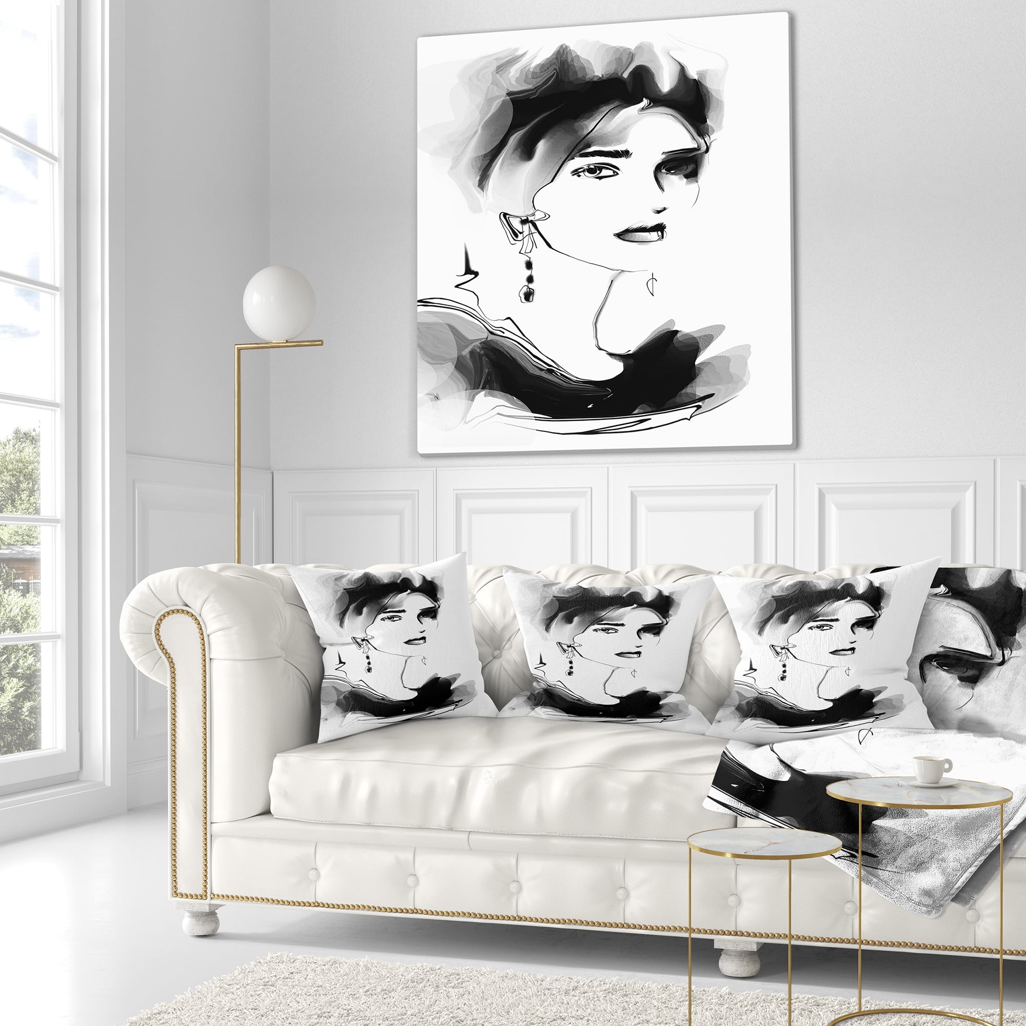 Designart Pretty Woman Black - Abstract Portrait Throw Pillow - 18x18