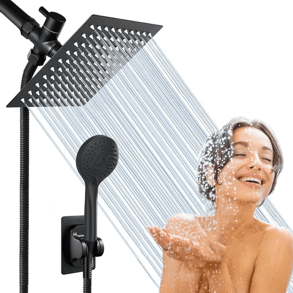 Zovajonia 8-inch Matte Black Showerhead Set , High Pressure Stainless Steel Rain Shower and 3 Settings Handheld Spray Combo with Hose