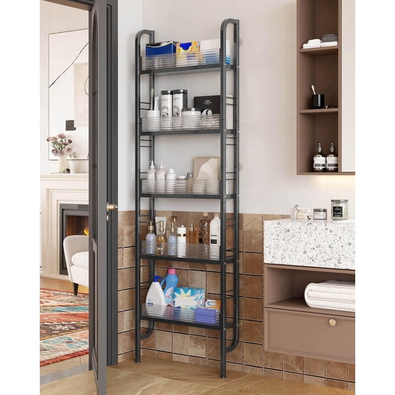 Behind The Door Bathroom Shelf Narrow 5-Tier, Slim Space-Saving Storage Shelf, Freestanding Narrow Shelving Unit for Bathroom, Kitchen, Closet and Laundry Room Black