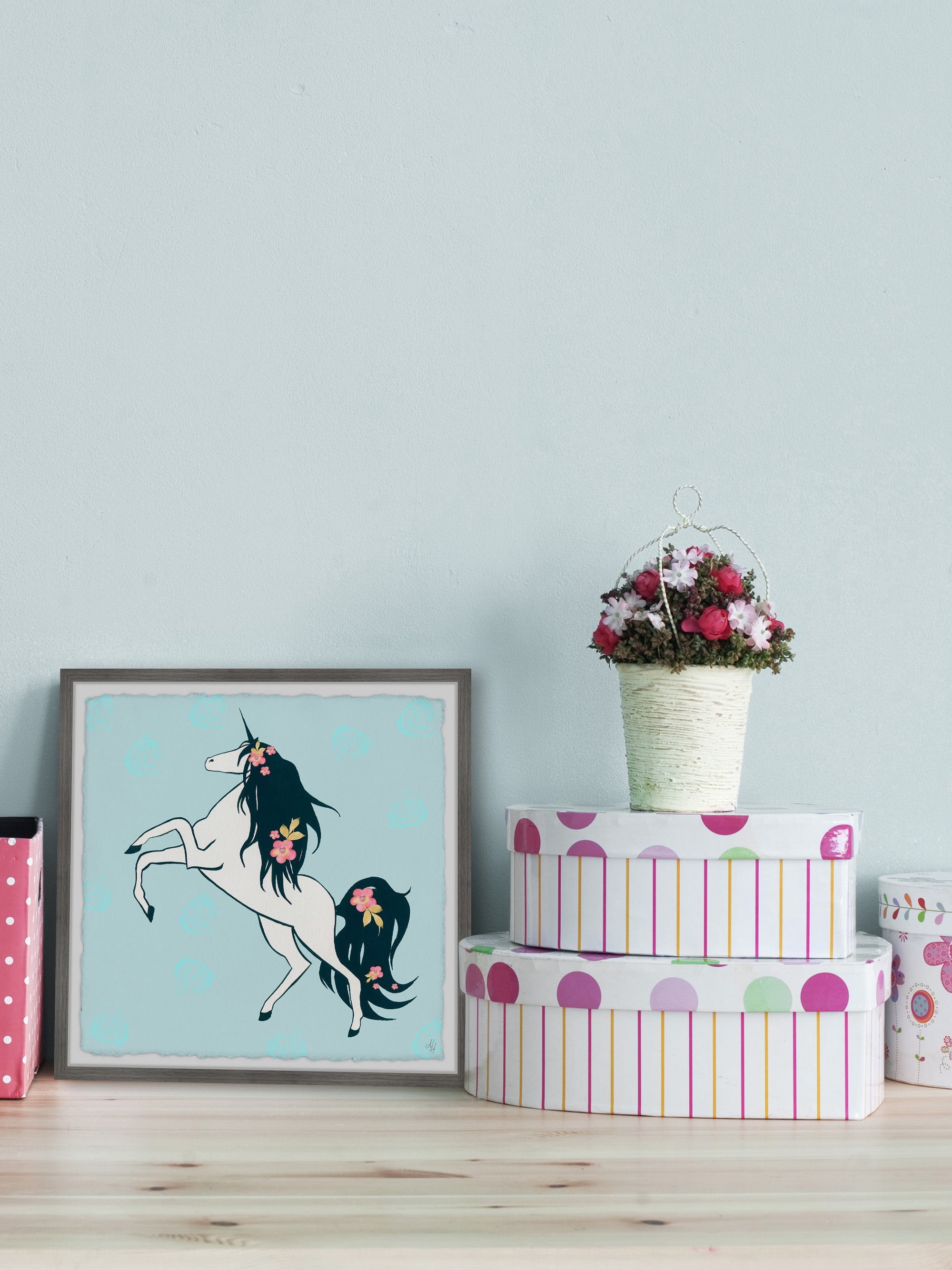Marmont Hill Dark Floral Hair Unicorn Framed Wall Art, 12.00" x 1.50"