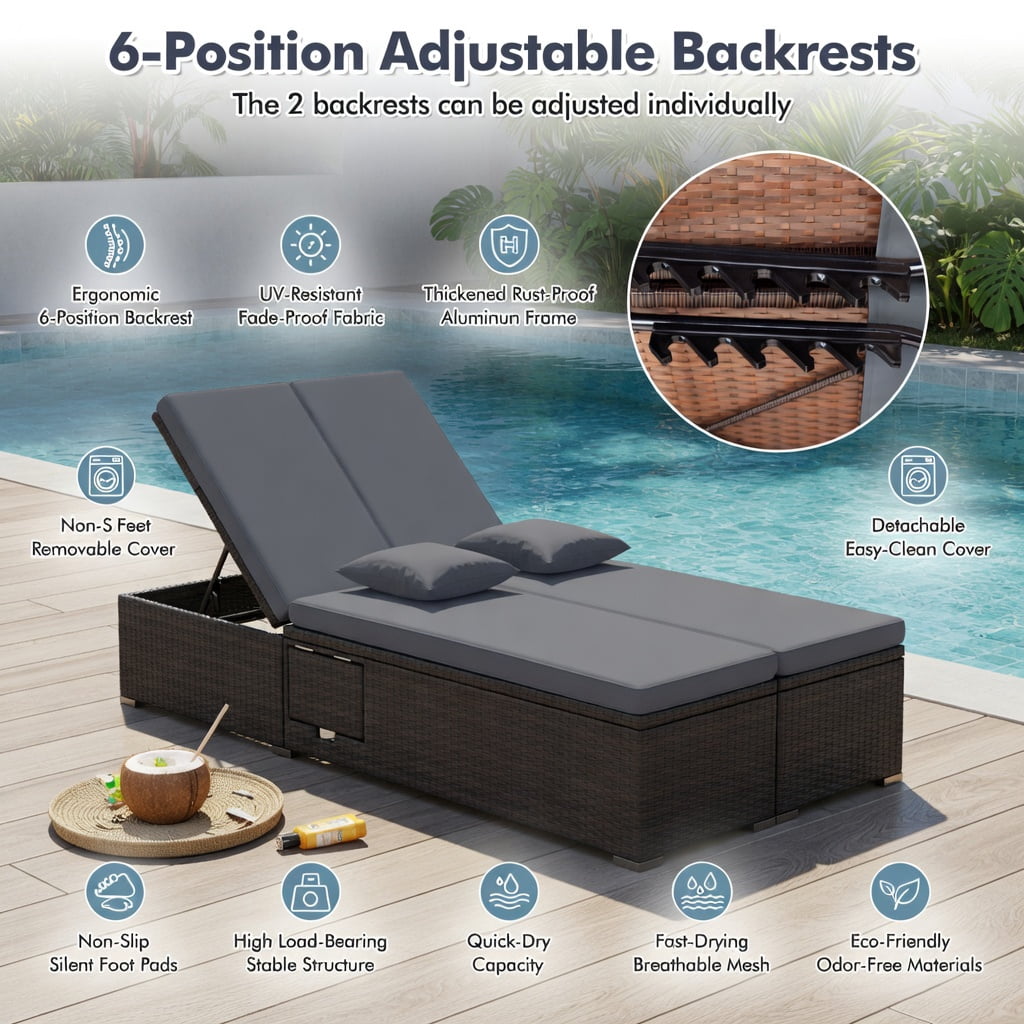 Hommoo Double Chaise Lounge Chair with Adjustable Backrest, PE Rattan Outdoor Patio Lounger Set, Folding Side Tables, Gray