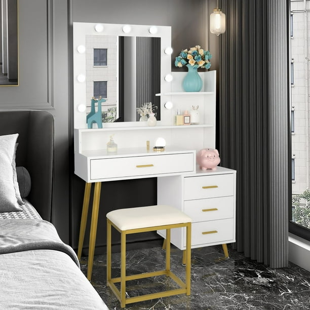 Ktaxon Makeup Vanity Set, White Vanity Table with Mirror and