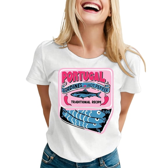XIAONU Summer Portugal-Sardines-Graphic T-Shirt for Women Crew-Neck Short-Sleeve Casual Everyday Tee