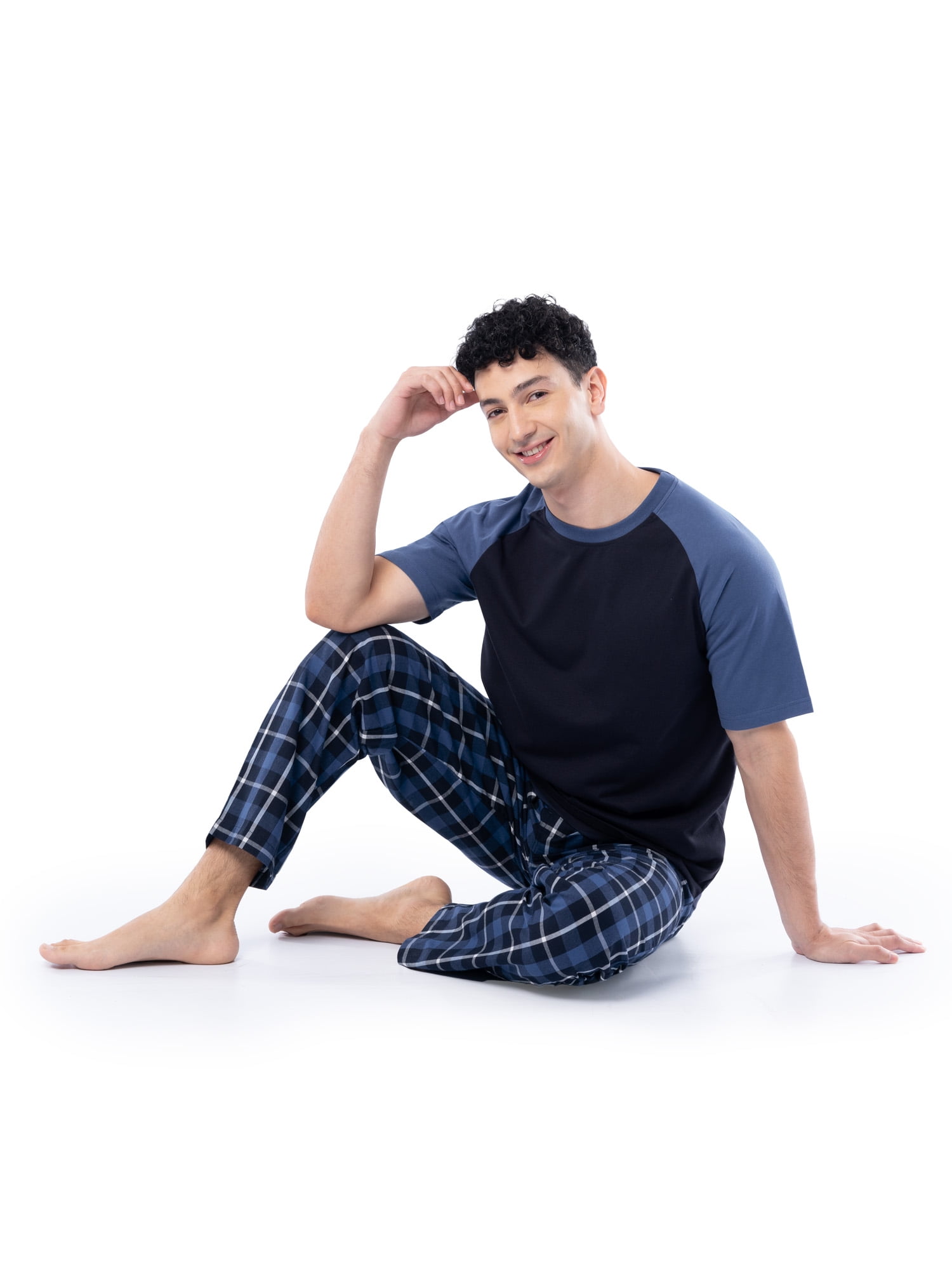 Fruit of the Loom Men's Raglan Short Sleeve T-shirt and Plaid Pajama Sleep Pant Set, Sizes S-2XL