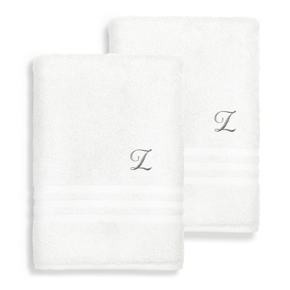Authentic Hotel and Spa Omni Turkish Cotton Terry Set of 2 White Bath Towels with Grey Script Monogrammed Initial White/Z