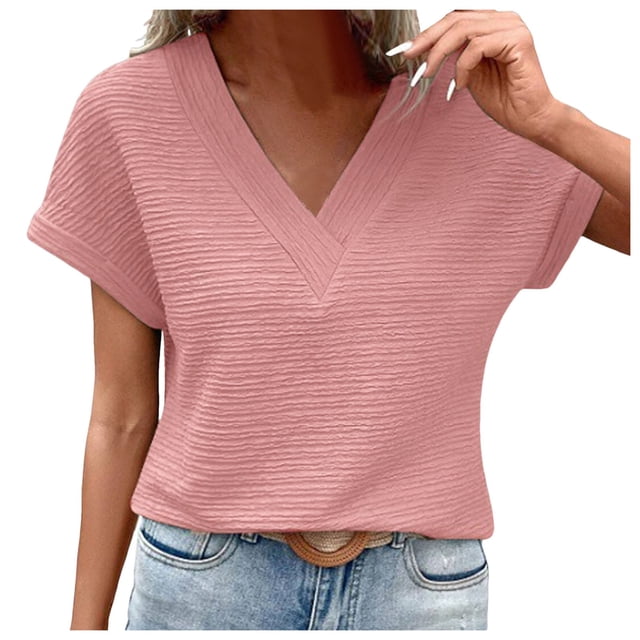 Womens Short Sleeve Textured Tops Summer Casual V Neck Solid Loose Basic T Shirts