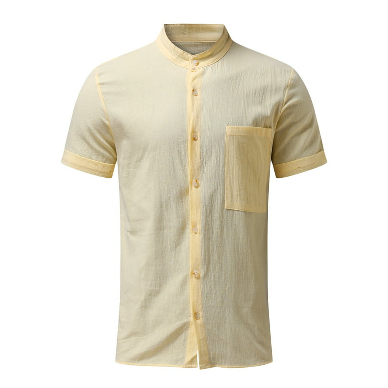 CBGELRT Mens Shirts Soft Denim and Flower Mens Shirt Mens Banded Collar  Short Sleeve Button down Shirts Linen Lightweight Shirt Beige M