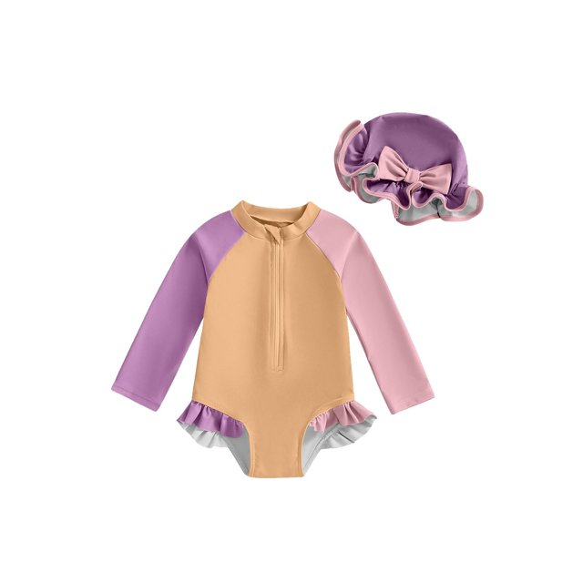 Trajes de baño para mujer, trajes de baño para niños con protección solar y secado rápido, cremallera trasera para bebé y gorro incluidos, conjunto de traje de baño de poliéster para niños