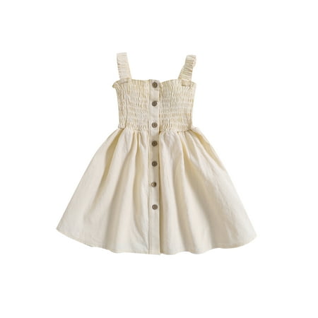 

Toddler Baby Girl Princess Dress Sleeveless Strap Pleated Cotton Linen Button Sundress