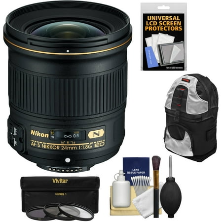 Nikon 24mm f/1.8G AF-S ED Nikkor Lens with 3 Filters + Backpack + Kit for D3200, D3300, D5300, D5500, D7100, D7200, D610, D750, D810, D4s DSLR