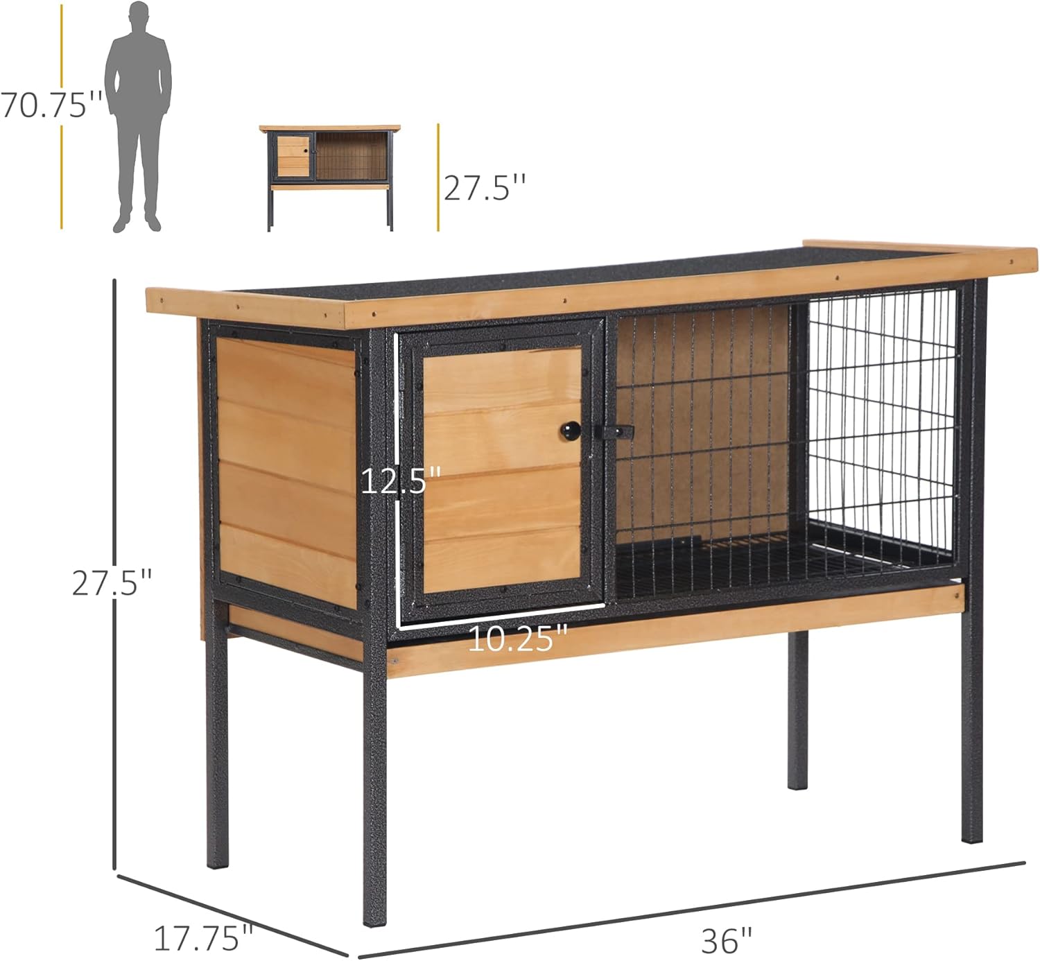Rabbit Hutch Elevated Bunny Cage Small Animal Habitat with Metal Frame, No Leak Tray, Metal Wire Pan, Openable Water-Resistant Asphalt Roof for Rabbits, Chickens, Ducks, Indoor/Outdoor Natural