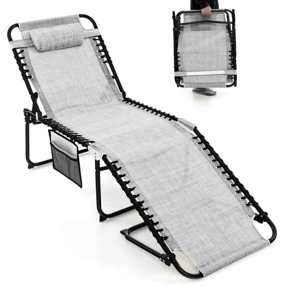 Gymax Folding Chaise Lounge Portable Lay Flat Reclining Chair w/ 4-Level Backrest Side Pocket Gray