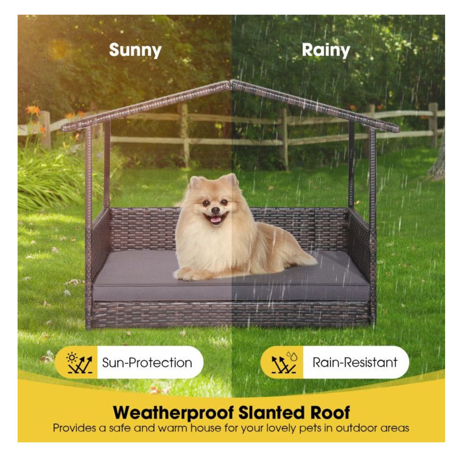 Wicker Dog House Outdoor Indoor, Weatherproof Rattan Dog Bed with Cushion - Large Dog House for Yard, Porch, Living Room, 38.5x27x28.5 Inch