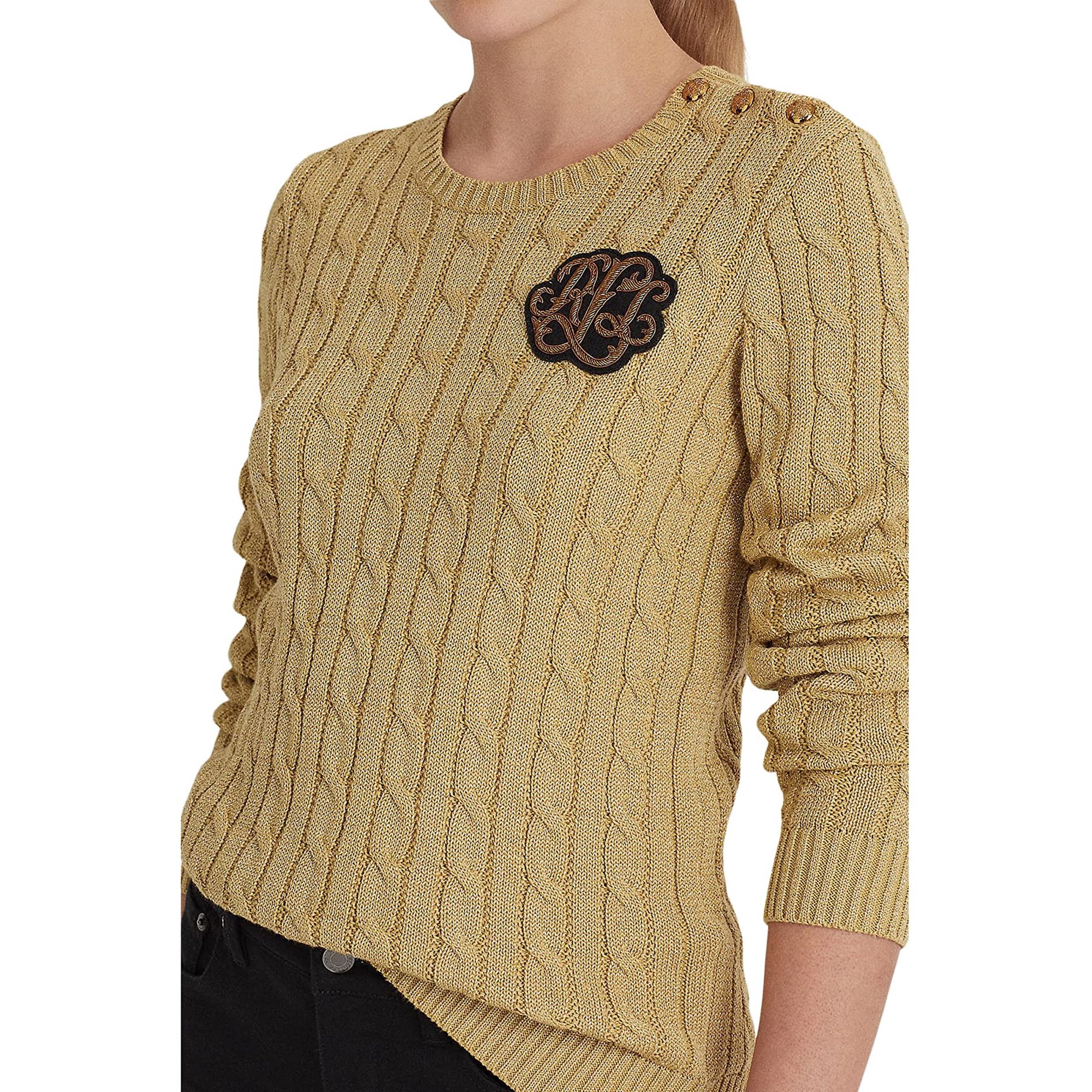 Ralph Lauren GOLD Women's Metallic Button-Trim Cable-Knit Sweater, US Small  - Walmart.com