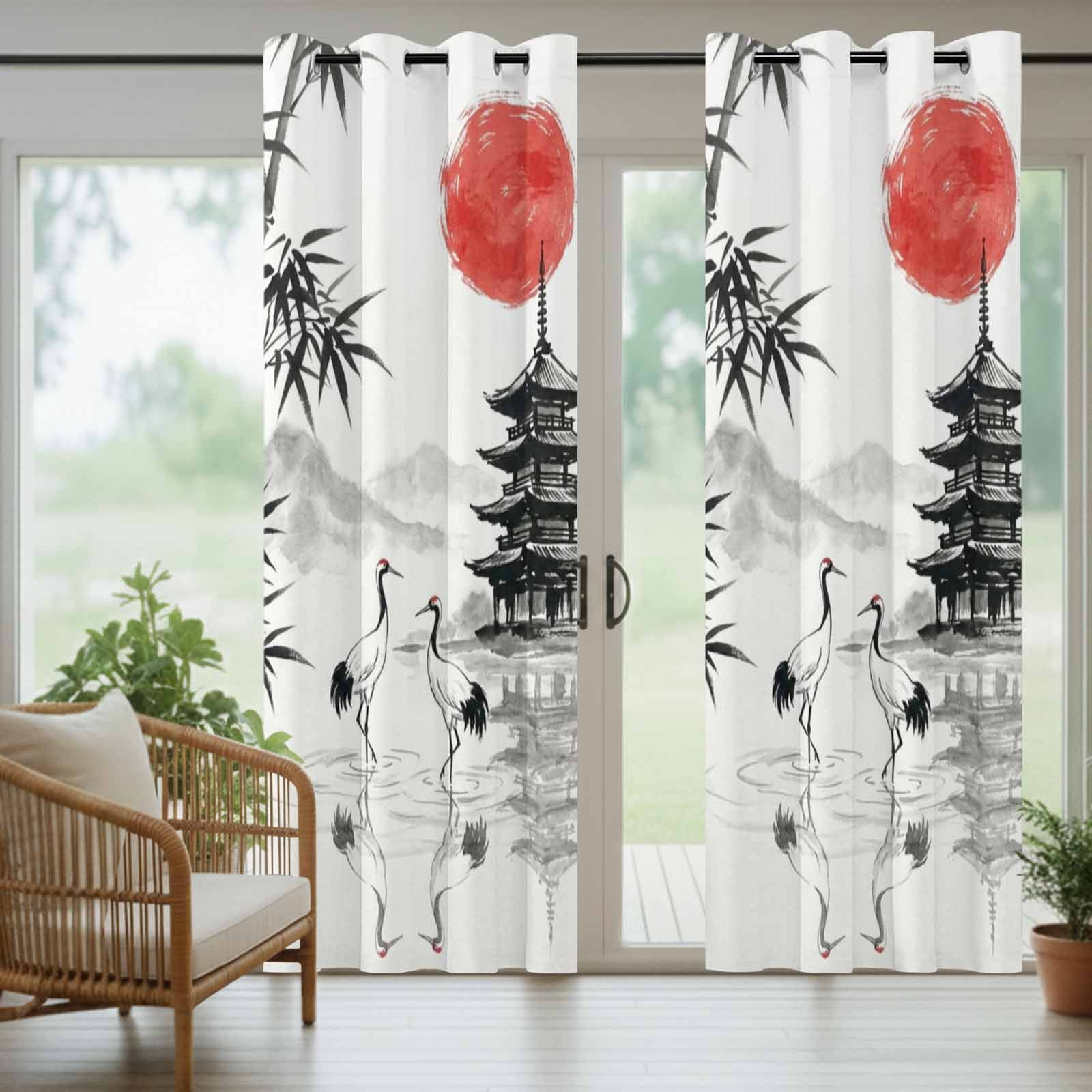 White Crane Outdoor Curtains for Patio, Ink Wash Gray Black Bamboos Trees Japanese Pagoda Red Sun Sunshade Privacy Drapes Grommet Waterproof Outside Curtains for Porch Balcony 54"x108", 1 Panel