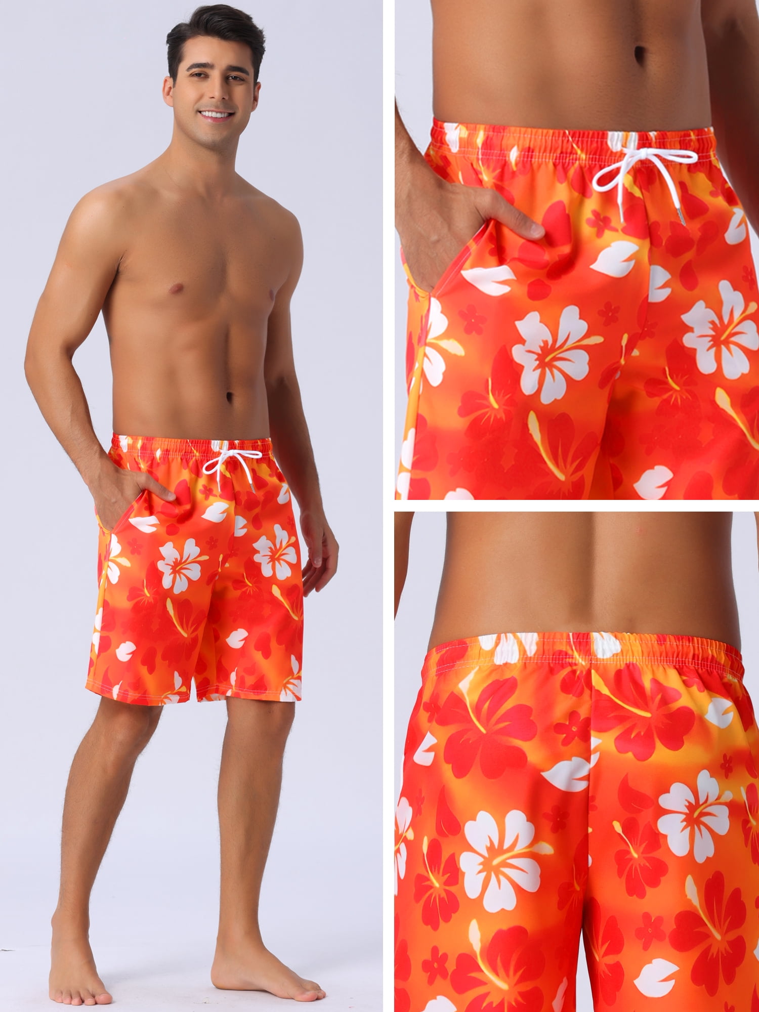 DARING DIVA Men's Floral Print Elastic Waist Drawstring Hawaiian Beach Swim Shorts 30 Red