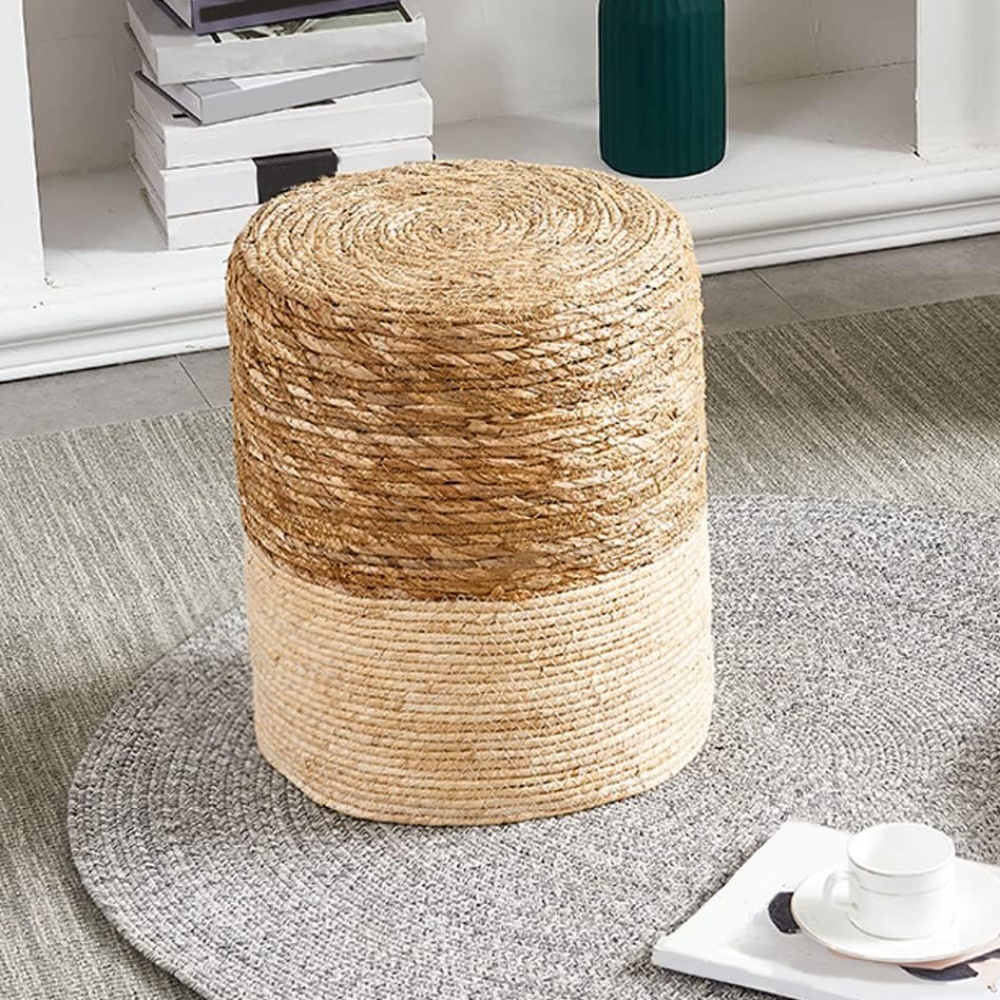 Tcbosik Hand Weave Ottoman, 14 inch Round Natural Seagrass Footrest, Boho Foot Stool for Living Room, Bedroom, Hallway, Space Saving, Natural+White