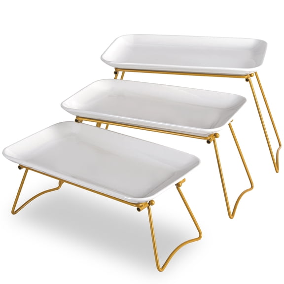 HAPPY KIT 3 Tier Serving Tray Set, Gold Rack, 12 Inch Widened Porcelain Platters, Collapsible Dessert Stand